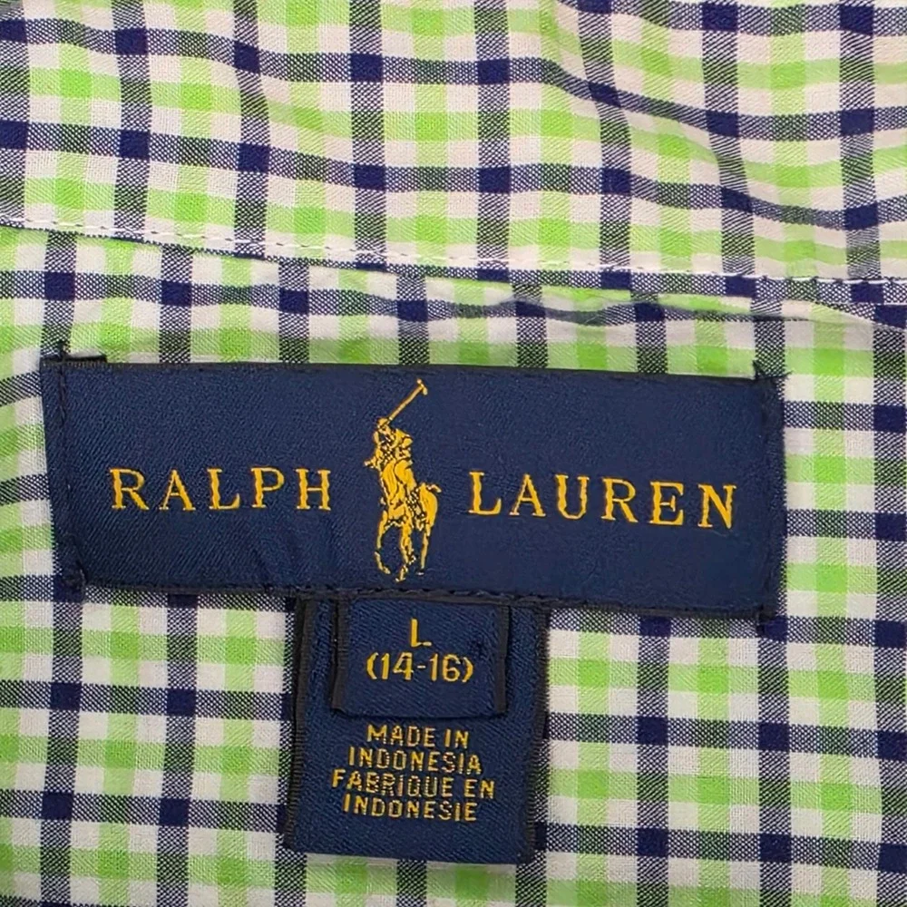 Ralph Lauren Kids‎ L 14-16 Button Down Shirt Long Sleeve Green Navy Gingham Polo